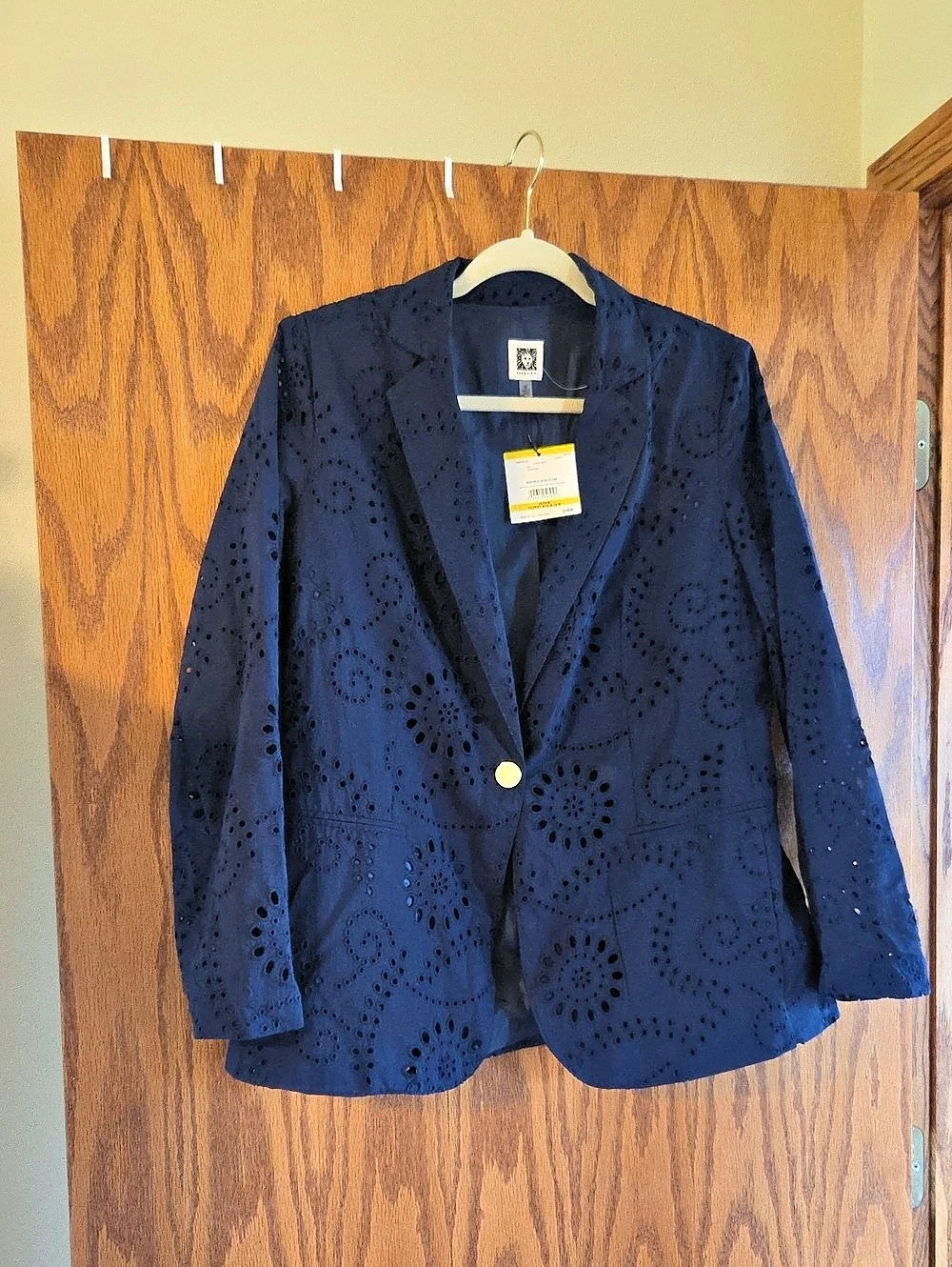 Anne Klein Classic Navy Paisley Cotton Blazer in Blue Size Medium NWT